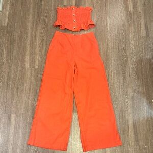 Women's Orange Linen Wide Leg Pants and Strapless Top Set NWOT